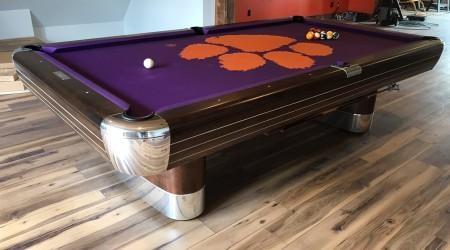 The Anniversary antique billiards table with Clemson logo pool table cloth