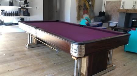 Angle view: Exposition billiards table, restored antique