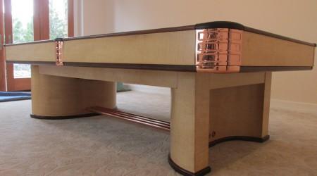 Corner view of professionally restored Paramount billiards table