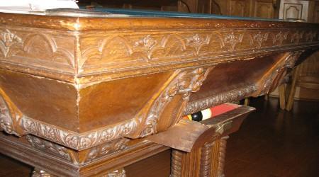 Before Restoration: Corner top angle of "The Lockhart" antique pool table