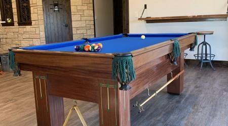 Restored Baby Grand billiards table with blue felt offered for sale