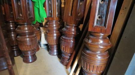 Carved legs of Burroughs & Watts II antique snooker table, before restoration