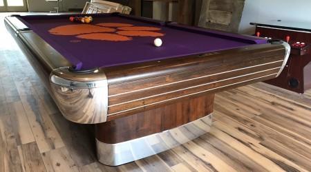 Restored antique Anniversary billiards table with Clemson logo