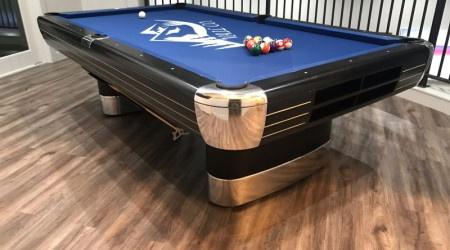 Restored antique billiards table "The Anniversary" with felt logo