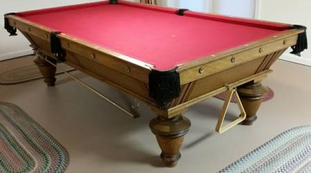 Restored Brunswick Narrangansett antique billiards table, corner angle