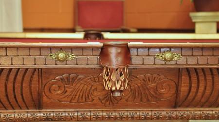 Carved rail of B.A. Stevens #100 restored antique pool table